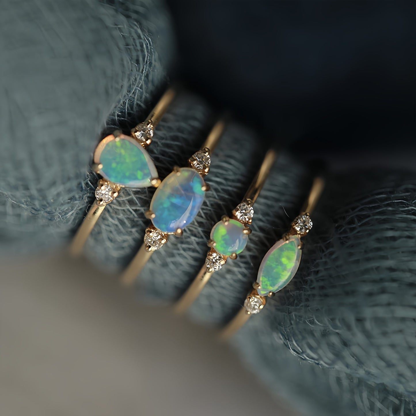 18K Gold Natural Australia Opal Ring with Diamond Trilogy Ring Engagement Ring for Women