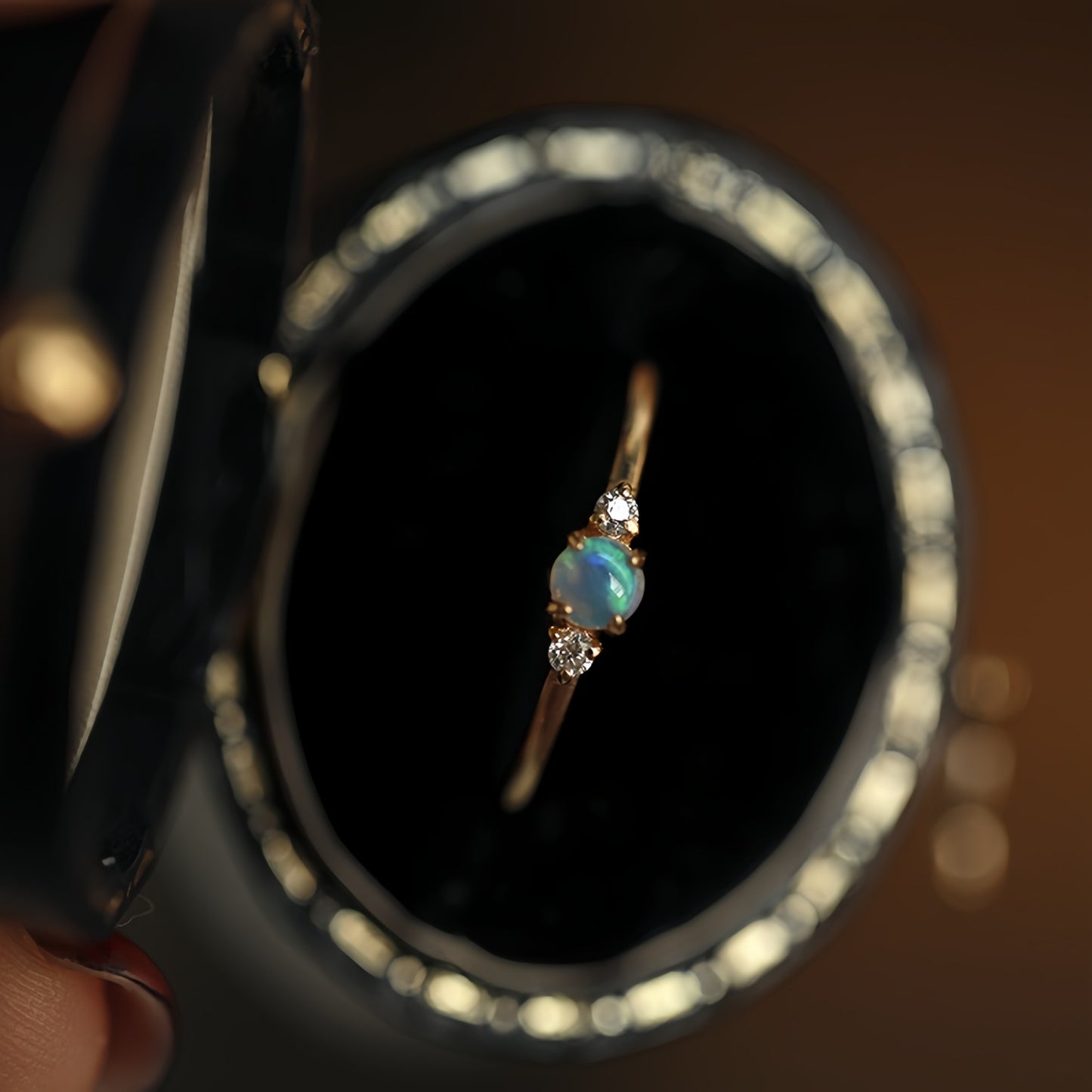 18K Gold Natural Australia Opal Ring with Diamond Trilogy Ring Engagement Ring for Women