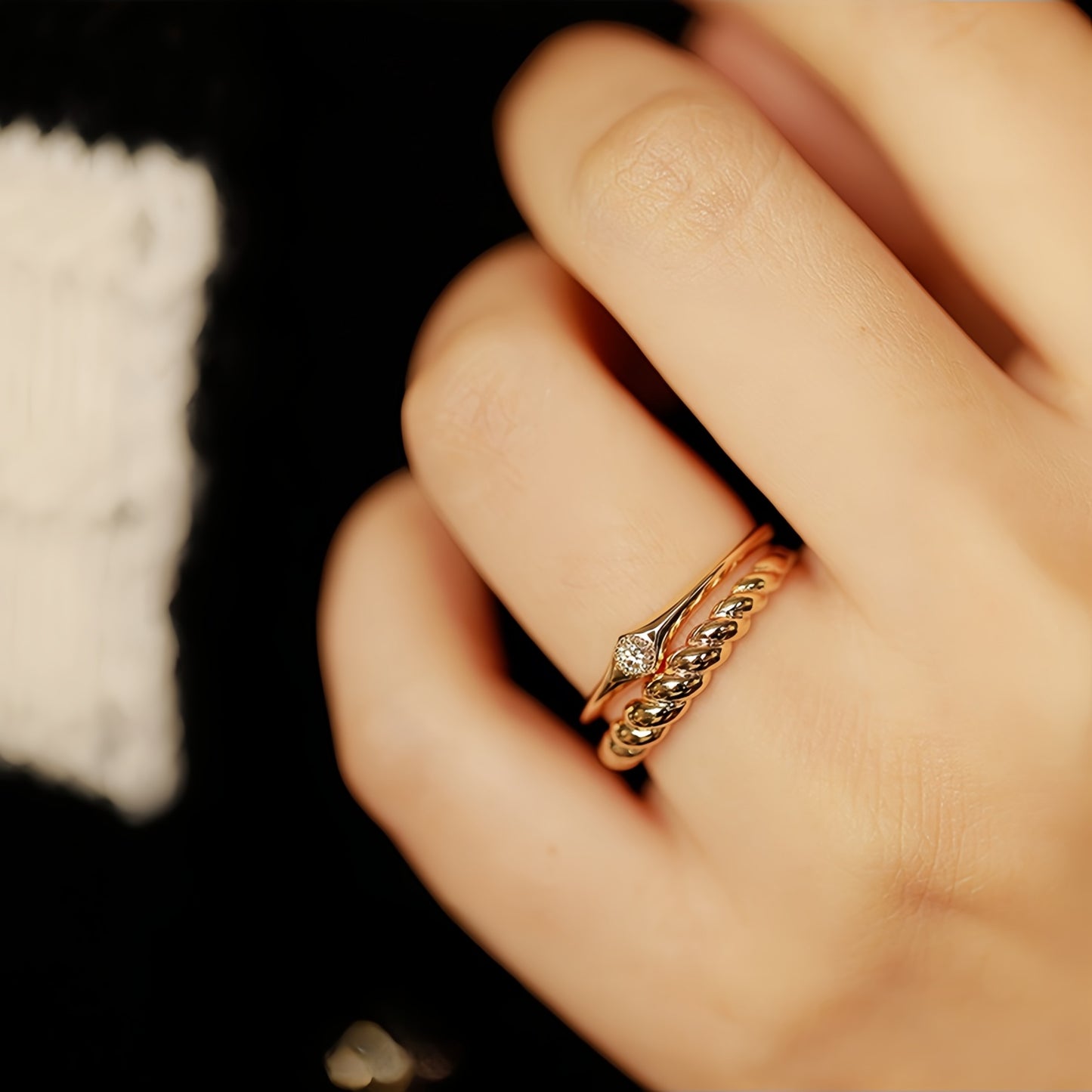 HAUTESS 18K Gold Diamond Ring Croissant Wide Ring Stacked Wedding Ring for Women
