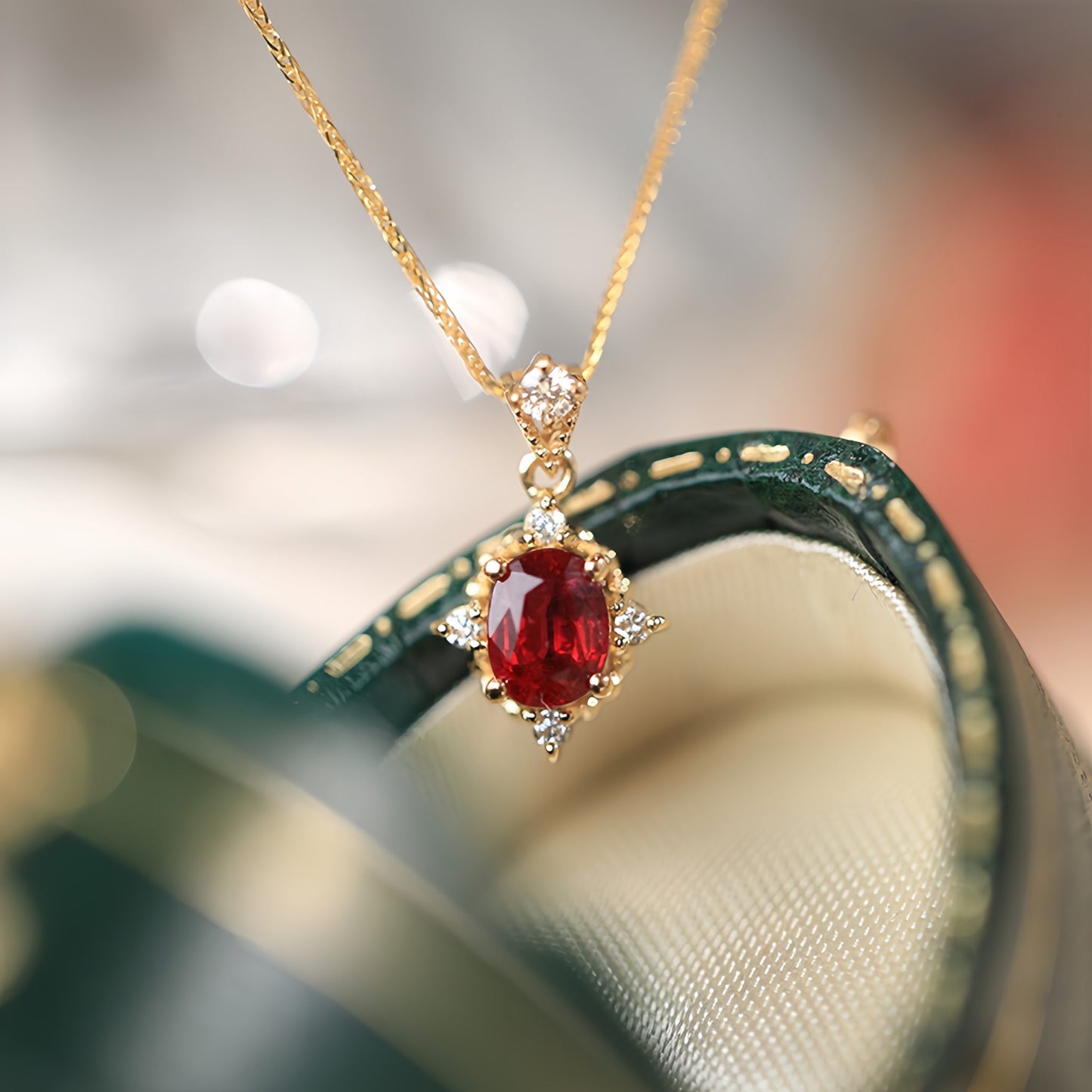 Luxury 18K Gold Natural Ruby with Diamonds Pendant necklace for Women