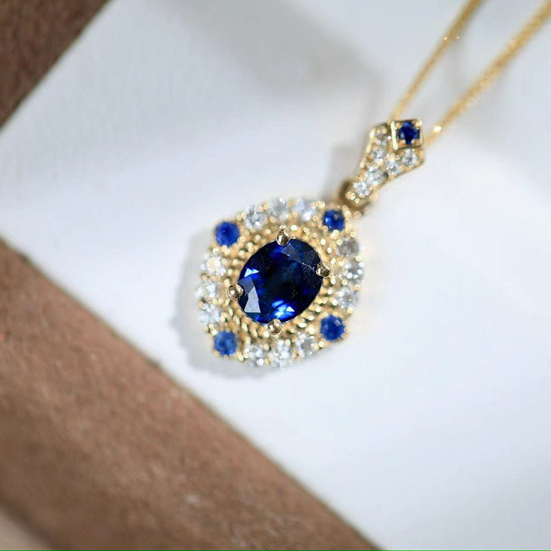 18K Gold Natural Sapphire Diamond Pendant Necklace