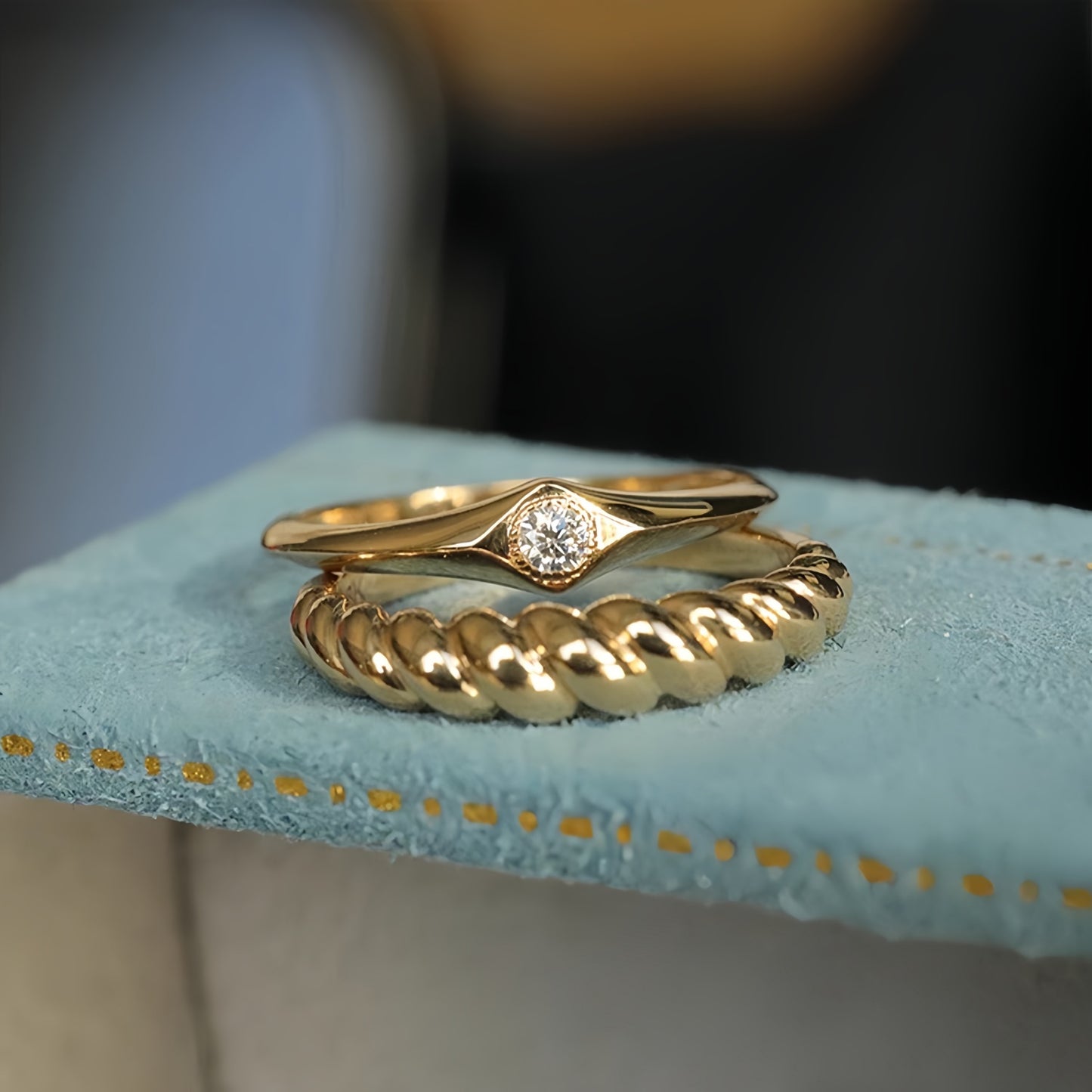 HAUTESS 18K Gold Diamond Ring Croissant Wide Ring Stacked Wedding Ring for Women