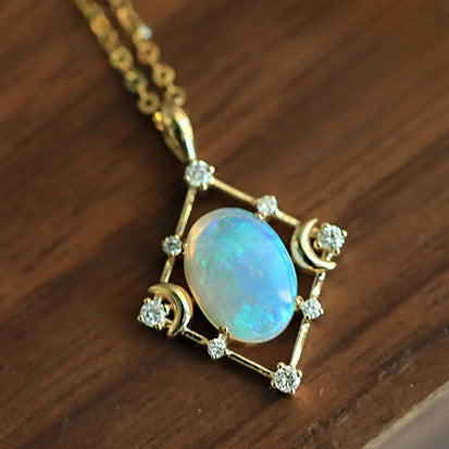 Handmade Moon Gold Necklace Chain With Natual Opal Pefect gift for Women