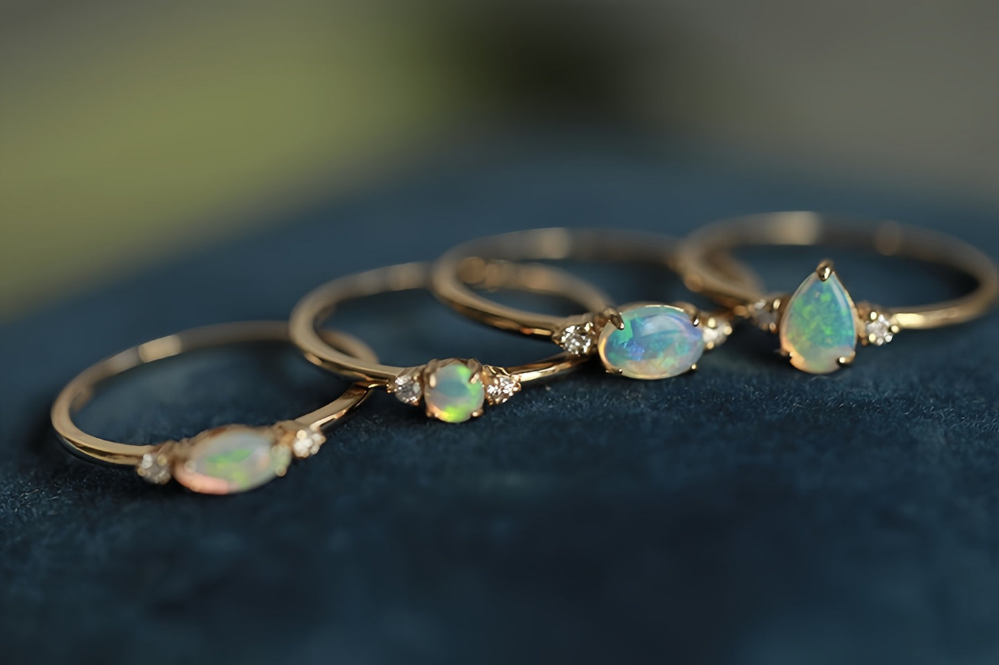 18K Gold Natural Australia Opal Ring with Diamond Trilogy Ring Engagement Ring for Women