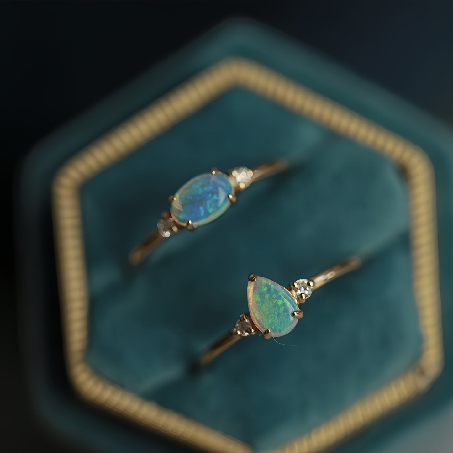 18K Gold Natural Australia Opal Ring with Diamond Trilogy Ring Engagement Ring for Women