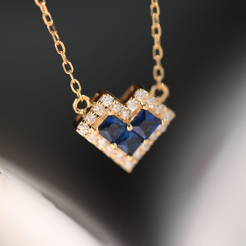HAUTESS Handmade Natural Sapphire & Diamond withPure 18K Gold Heart Necklace Chain