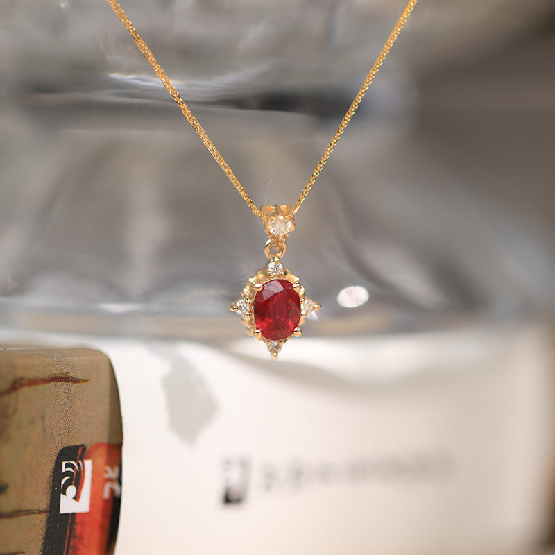 Luxury 18K Gold Natural Ruby with Diamonds Pendant necklace for Women