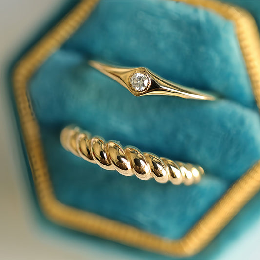 HAUTESS 18K Gold Diamond Ring Croissant Wide Ring Stacked Wedding Ring for Women