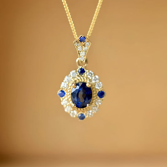 18K Gold Natural Sapphire Diamond Pendant Necklace
