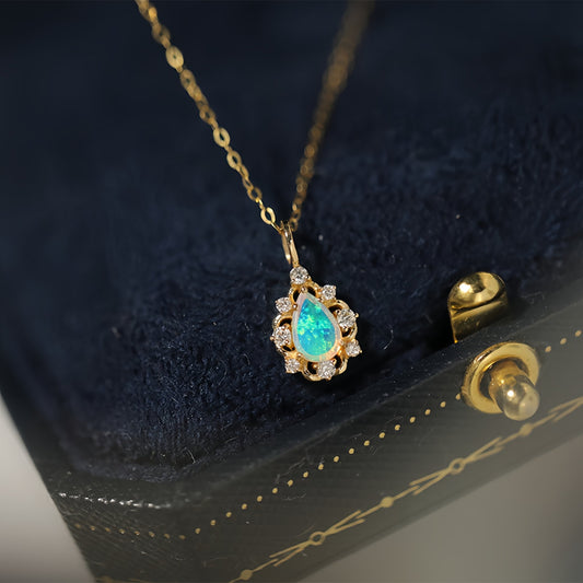 HAUTESS 18K Gold Natural Opal Diamond Inlaid Droplet Pendant Necklace Collarbone Chain