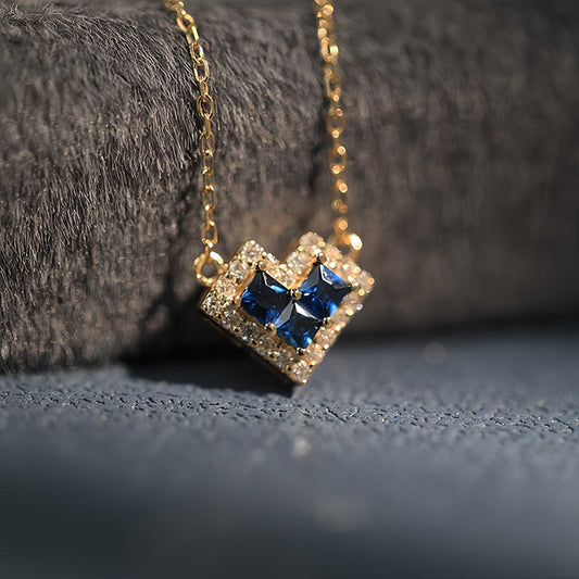 HAUTESS Handmade Natural Sapphire & Diamond withPure 18K Gold Heart Necklace Chain